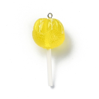 Translucent Resin Imitation Food Pendants, Lollipop Charms with Platinum Tone Iron Loops, Yellow, 48~50.5x22.5mm