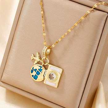 Exquisite 3D Cute Travel Brass Colorful Enamel Plane & Luggage & Camera Pendant Necklaces for Everyday Wear, Golden, 15.75 inch(40cm)