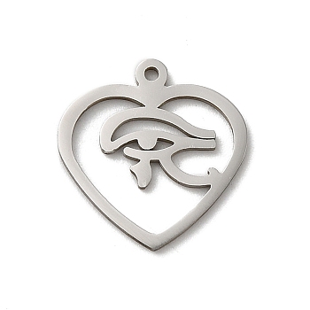 201 Stainless Steel Pendants, Laser Cut, Stainless Steel Color, Heart Charm, Eye, 15x14x1mm, Hole: 1mm