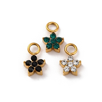 304 Stainless Steel Rhinestone Pendants, Ion Plating(IP), Real 14K Gold Plated, Flower Charms, Mixed Color, 10x6.5x3mm, Hole: 2mm