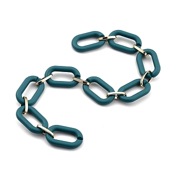 Handmade Acrylic Cable Chains, with Aluminum Links, for Jewelry Making, Oval, Light Gold, Teal, Links: 27x16.5x4mm and 15x7.5x2mm, 39.37 inch(1m)strand 