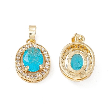 Brass Micro Pave Clear Cubic Zirconia Pendants, with Crackle Glass, Oval Charm, Golden, 17.5x12.5x6mm, Hole: 4x3mm