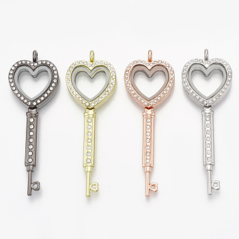 Alloy Magnetic Locket Big Pendants, with Rhinestone and Glass, Key, Crystal, Mixed Color, 72x24x7mm, Hole: 4mm, Inner Measure: 16x12mm