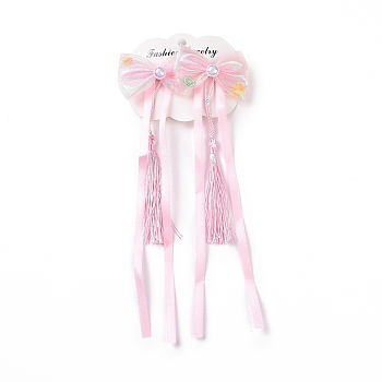 Bowknot Long Ribbon Alligator Hair Clip, with Random Color Tassels, Hanfu Hair Accessories for Teens Girls Gifts, Pink, 213~220x57~60x15~16mm, 2pcs/card