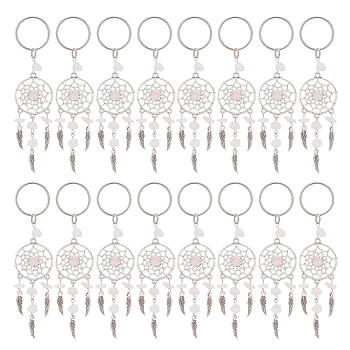 24Pcs Natural Chip Rose Quartz Keychain, with Tibetan Style Pendants and 316 Surgical Stainless Steel Key Ring, Woven Net/Web with Feather, 107mm, Pendant: 82x28x7mm