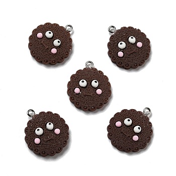 Opaque Resin Pendants, with Platinum Tone Iron Loops, Imitation Food, Biscuits with Face, Coconut Brown, 25x21.5x6mm, Hole: 2mm