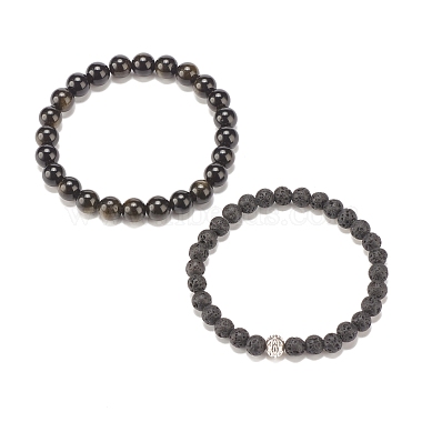 2Pcs 2 Style Natural Golden Sheen Obsidian & Lava Rock Stretch Bracelets Set(BJEW-JB08193-01)-4