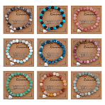 Gemstone Round Bead Bracelets, Alloy Heart Charms Bracelets, with Organza Bags and Paper Display Cards, Antique Silver, Inner Diameter: 1.97 inch(5cm)(BJEW-UN00039)