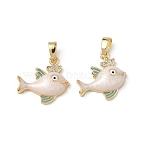 Brass Micro Pave Cubic Zirconia Pendants, with Enamel, Fish Charm, Real 18K Gold Plated, Floral White, 16x16.5x4.3mm, Hole: 4x2.5mm(KK-F924-19A-G02)