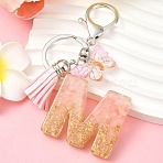 Resin & Acrylic & Faux Suede Tassel Keychain, with Alloy Clasp and Iron Rings, Letter M, 9.5cm(KEYC-YW00123-13)