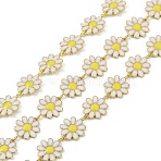 Brass Link Chains, with Spool and Enamel Chrysanthemum, Long-Lasting Plated, Cadmium Free & Nickel Free & Lead Free, Unwelded, White, 59x60mm, about 32.81 Feet(10m)/Roll(CHC-D033-01E)