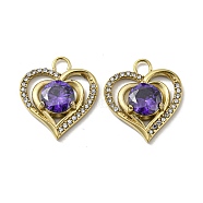 304 Stainless Steel Pendants, with Violet Rhinestone, Heart Charms, Real 14K Gold Plated, 19x16.5x4mm, Hole: 2.5mm(STAS-L022-054G)