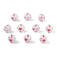 Printed Natural Wood European Beads, Large Hole Bead, Round with Heart Pattern, Red, 16mm, Hole: 4mm(WOOD-C015-08)