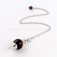 Natural Tiger Eye Sphere Dowsing Pendulums, with Platinum Tone Brass Cross Chain & Lobster Claw Clasps, 225~240mm(BJEW-E292-A09)