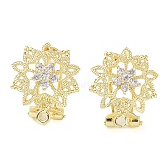 Hollow Flower Brass Micro Pave Cubic Zirconia Stud Earrings Finding, with Horizontal Loops, Cadmium Free & Lead Free, Real 18K Gold Plated, 18x15mm, Hole: 1.2mm, Pin: 0.8mm(KK-E083-14G)