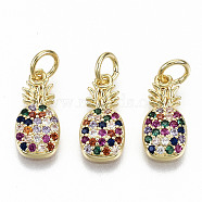Brass Micro Pave Colorful Cubic Zirconia Charms, with Jump Rings, Nickel Free, Pineapple, Real 16K Gold Plated, 13.5x6.5x2mm, Jump Ring: 5x0.8mm, 3.4mm inner diameter(ZIRC-S067-152-NF)