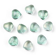 Transparent Spray Painted Glass Beads, with Glitter Powder, Heart, Aquamarine, 6x6x4mm, Hole: 0.7mm(GLAA-R211-02-B05)