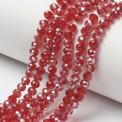 Electroplate Glass Beads Strands, Half Plated, Rainbow Plated, Faceted, Rondelle, FireBrick, 6x5mm, Hole: 1mm, about 85~88pcs/strand, 16.1~16.5 inch(41~42cm)(EGLA-A034-T6mm-J08)