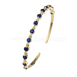 Cubic Zirconia Flat Round Open Cuff Bangle, Real 18K Gold Plated Brass Jewelry for Women, Dark Blue, Inner Diameter: 2-1/4 inch(5.7cm)(BJEW-N012-032C)
