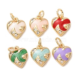 Valentine's Day Brass Micro Pave Clear Cubic Zirconia with Enamel Charms, Heart Charms, Rack Plating, Long-Lasting Plated, Cadmium Free & Lead Free, Real 18K Gold Plated, Mixed Color, 12x10x3mm, Hole: 3mm(CU-K002-48G-M)