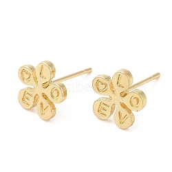 Flower with Word Love Alloy Stud Earrings for Women, with 304 Stainless Steel Steel Pin, Cadmium Free & Lead Free, Light Gold, 9x9mm(PALLOY-Q447-06LG)