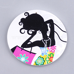 Printed Wooden Big Pendants, Dyed, Flat Round with Fashion Lady, Colorful, 60x2.5mm, Hole: 1.5mm(WOOD-S048-71)
