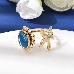304 Stainless Steel Open Cuff Rings for Women, with Synthetic Turquoise, Golden, Starfish, US Size 8 3/4(18.7mm)(RJEW-K258-13A-G)