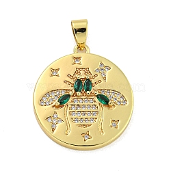 Real 18K Gold Plated Brass Micro Pave Cubic Zirconia Pendants, with Glass, Flat Round with Bees, Colorful, 27.5x24.5x3.5mm, Hole: 5x3mm(KK-R159-34G)