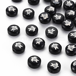 Handmade Lampwork Beads, with Platinum Plated Brass Embellishments, Flat Round with Tortoise, Black, 8x5mm, Hole: 0.8mm(LAMP-N030-001-06)