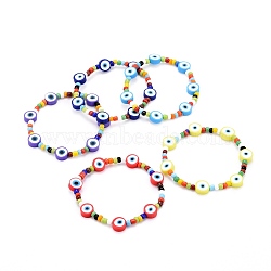 Evil Eye Stretch Bracelets, with Glass Seed & Round Polymer Clay Beads, Mixed Color, Inner Diameter: 2-1/8~2-1/4 inch(5.3~5.8cm)(BJEW-JB06293)