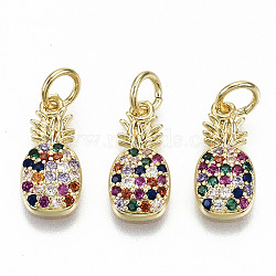 Brass Micro Pave Colorful Cubic Zirconia Charms, with Jump Rings, Nickel Free, Pineapple, Real 16K Gold Plated, 13.5x6.5x2mm, Jump Ring: 5x0.8mm, 3.4mm inner diameter(ZIRC-S067-152-NF)