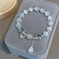 Cat Eye Round Beaded Stretch Bracelets, Alloy Butterfly Charm Bracelets for Women, Light Blue, 2-3/8 inch(6cm)(WG66F0A-01)