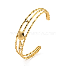 304 Stainless Steel Pave Clear Cubic Zirconia 3-Line Heart Open Cuff Bangles for Women, Real 18K Gold Plated, Inner Diameter: 2-5/8x2 inch(6.7x4.95cm)(BJEW-E100-04G)