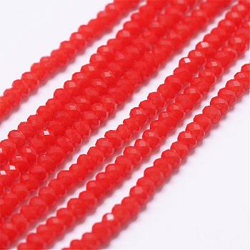 Opaque Glass Beads Strands, Faceted, Rondelle, Red, 2.5x1.5~2mm, Hole: 0.5mm, about 185~190pcs/strand, 13.7 inch~14.1 inch