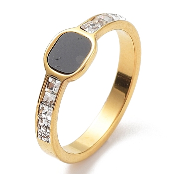 Black Enamel Rectangle Finger Ring with Rhinestone, Ion Plating(IP) 304 Stainless Steel Ring, Golden, US Size 7 3/4(17.9mm)