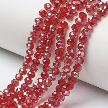 Electroplate Glass Beads Strands, Half Plated, Rainbow Plated, Faceted, Rondelle, FireBrick, 6x5mm, Hole: 1mm, about 85~88pcs/strand, 16.1~16.5 inch(41~42cm)
