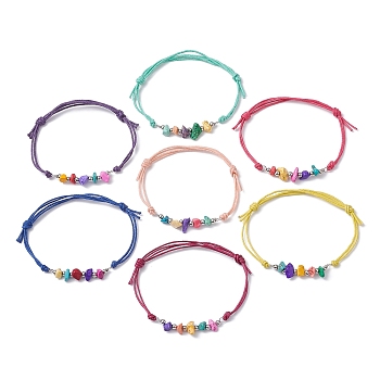 7Pcs Dyed Natural Turquoise Chips Braided Bead Bracelets, Adjustable Waxed Cotton Cord Bracelets for Women, Mixed Color, Inner Diameter: 2-1/8~3-1/4 inch(5.5~8.3cm)