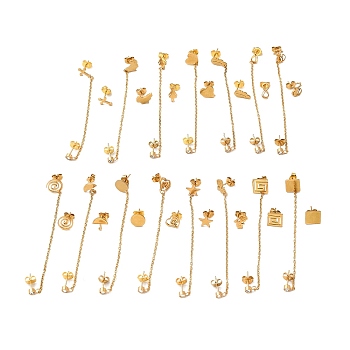 Vacuum Plating 304 Stainless Steel Dangle Chains Stud Earrings, Asymmetrical Earrings for Women, Mixed Shape, Golden, 82~90mm, 9.5x7~7.5mm, Pin: 0.6mm
