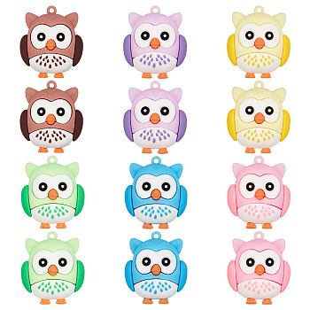 12Pcs 6 Colors PVC Cartoon Owl Doll Pendants, for Keychains, Mixed Color, 43x37x26mm, Hole: 3mm, 2pcs/color