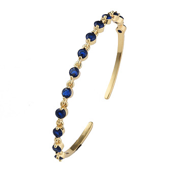 Cubic Zirconia Flat Round Open Cuff Bangle, Real 18K Gold Plated Brass Jewelry for Women, Dark Blue, Inner Diameter: 2-1/4 inch(5.7cm)