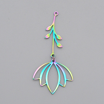 Ion Plating(IP) 201 Stainless Steel Big Pendants, Laser Cut, with Jump Rings, Flower, Rainbow Color, 52.5mm, Hole: 1.4mm