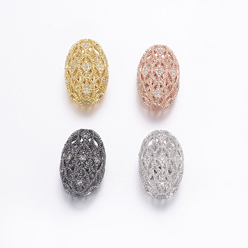 Brass Micro Pave Cubic Zirconia Beads, Long-Lasting Plated, Hollow Oval, Clear, Mixed Color, 19x11.5x7mm, Hole: 1mm