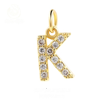 Brass Cubic Zirconia Pendants with Jump Rings, Real 18K Gold Plated, Letter K, 14x8.8x2.2mm, Hole: 2.8mm