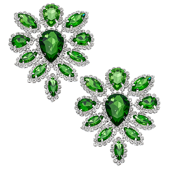 2Pcs Glass Rhinestone Cabochons, Flat Back & Back Plated, Teardrop, Peridot, 77x63x8mm