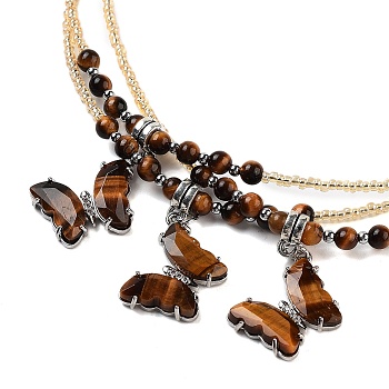 Natural Tiger Eye Faceted Butterfly  Pendant Necklaces, Glass Seed Beaded Necklaces for Women, 18.82 inch(47.8cm)