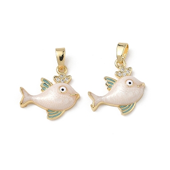 Brass Micro Pave Cubic Zirconia Pendants, with Enamel, Fish Charm, Real 18K Gold Plated, Floral White, 16x16.5x4.3mm, Hole: 4x2.5mm