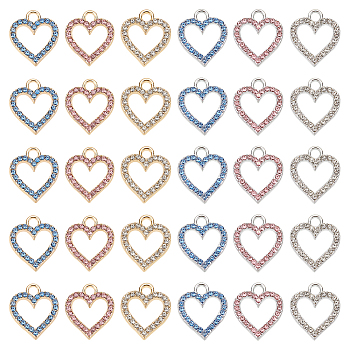WADORN 30Pcs 6 Colors Alloy Charms, with Rhinestone, Cadmium Free & Lead Free, Heart, Mixed Color, 17x15x2mm, Hole: 2.5mm, 5pcs/color