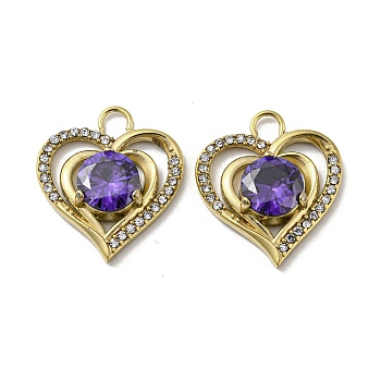 304 Stainless Steel Pendants, with Violet Rhinestone, Heart Charms, Real 14K Gold Plated, 19x16.5x4mm, Hole: 2.5mm