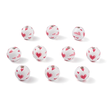 Printed Natural Wood European Beads, Large Hole Bead, Round with Heart Pattern, Red, 16mm, Hole: 4mm