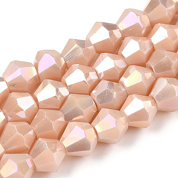 Opaque Solid Color Electroplate Glass Beads Strands, AB Color Plated, Faceted, Bicone, PeachPuff, 6x5.5mm, Hole: 1mm, about 46~49pcs/strand, 10.04~10.63 inch(25.5~27cm)